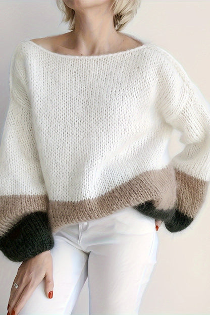 Soft Colorblock Crew Neck Puffy Knit Sweater