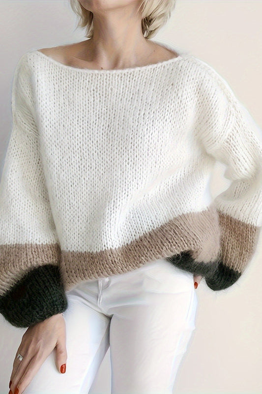 Soft Colorblock Crew Neck Puffy Knit Sweater