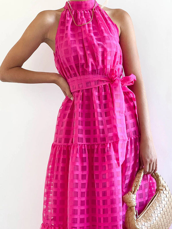Loose Sleeveless Plaid Ribbed Stand Collar Maxi Dresses