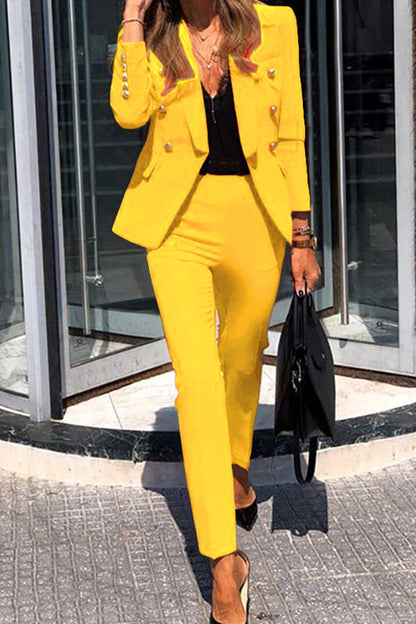 Time to Charm Lapel Button Pocket Long Sleeve Blazer Elastic Waist Pants Suit