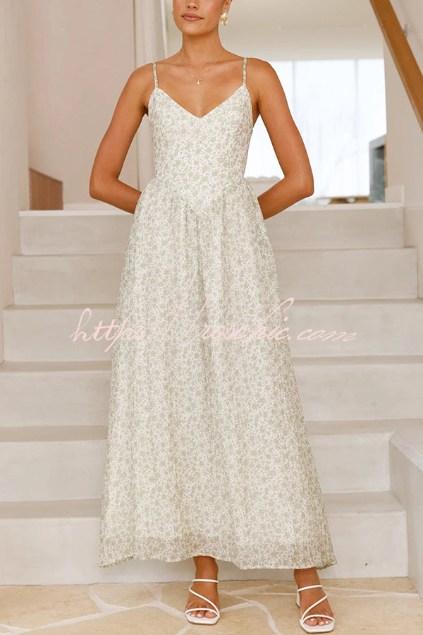 Print V-neck Sleeveless Back Tie Pocket Maxi Dress