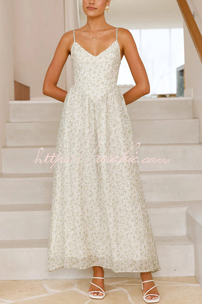 Print V-neck Sleeveless Back Tie Pocket Maxi Dress