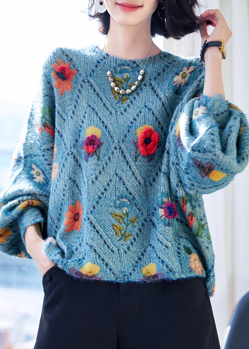 Blue O-neck Hollow Out Knit Sweaters Fall Qc032