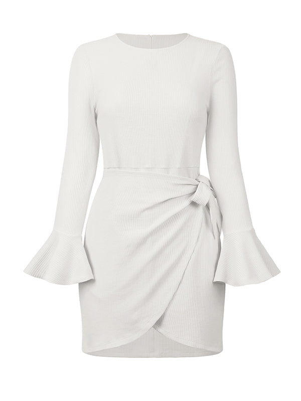 Simple Long Sleeves Skinny Tied Falbala Color Round-neck Mini Dresses
