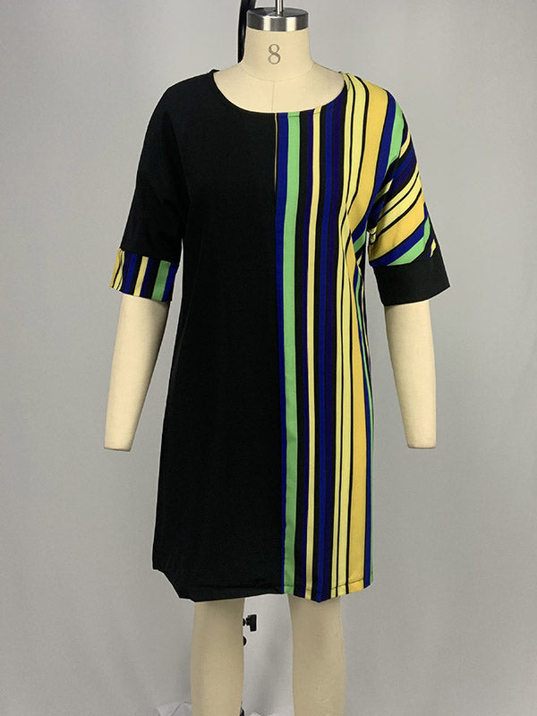 A-line Half Sleeves Asymmetric Contrast Color Striped Round-neck Mini Dresses