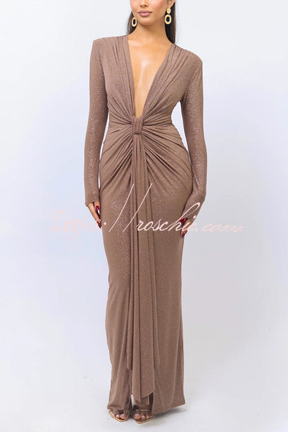 Color Shiny V-neck Long Sleeve Ribbon Slit Slim Fit Maxi Dress