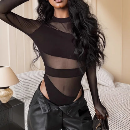 Spring Summer New Cut Cross Hollow Mesh Jumpsuit Long-sleeved Thin O Neck Diagonal Black Charming Bodysuit Clubwear