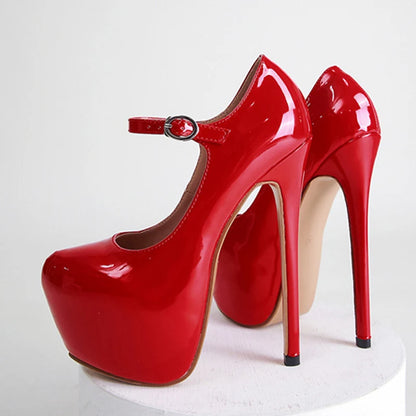 Red High Heels Platform Pumps 17cm Runway Patent Leather Round Toe Buckle Strap Party Wedding Stripper Shoes