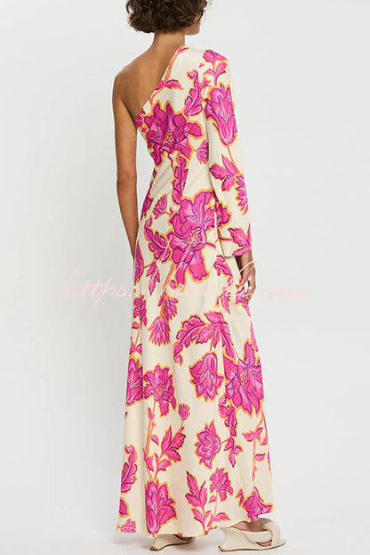 Rhia Satin Print One Shoulder Flared Maxi Dress