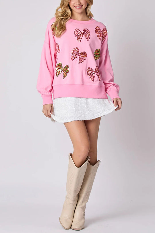 Christmas Bow Sequin Loose Long Sleeve Sweatshirt