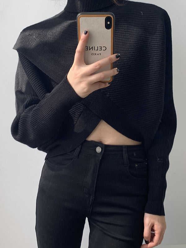 Urban White High-neck Split-front Long Sleeve Crop Sweater An1034