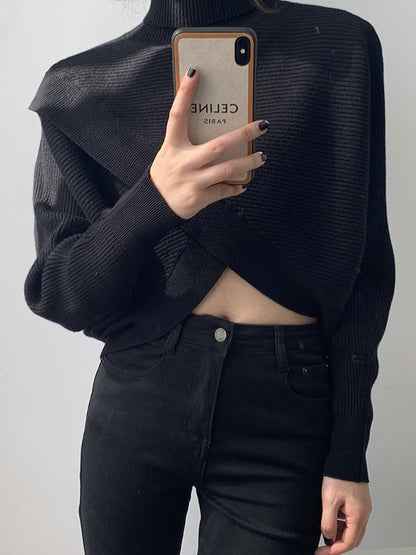 Urban White High-neck Split-front Long Sleeve Crop Sweater An1034