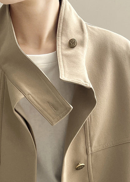 Khaki Stand Collar Drawstring Cotton Coat Outwear Fall Af1013