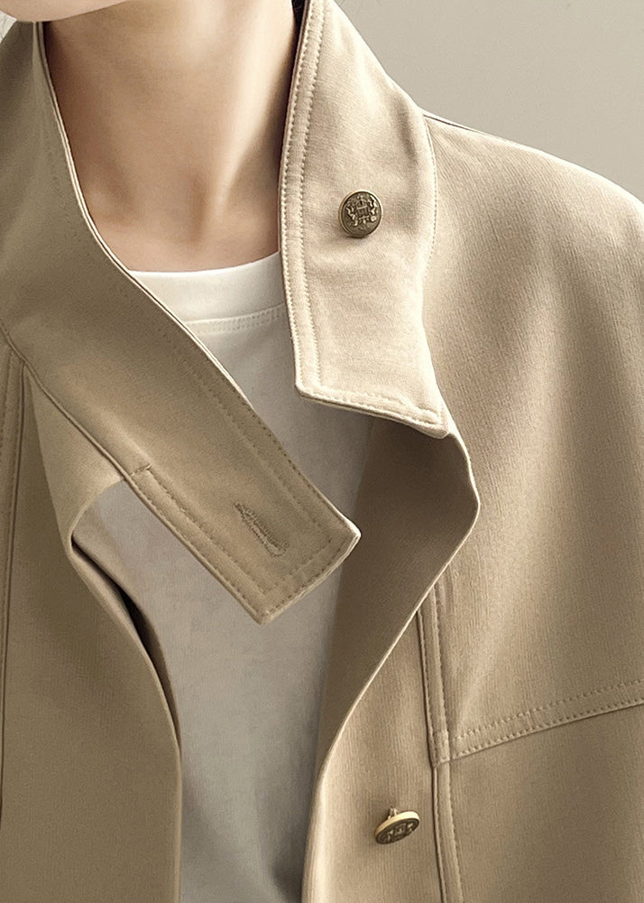 Khaki Stand Collar Drawstring Cotton Coat Outwear Fall Af1013