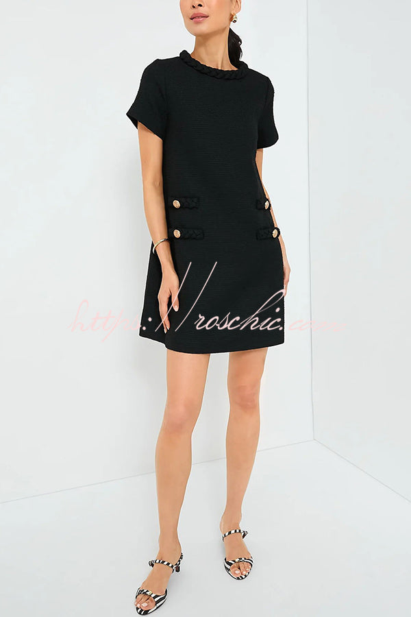 Confident and Tweed Fabric Braided Trim Button Shift Mini Dress