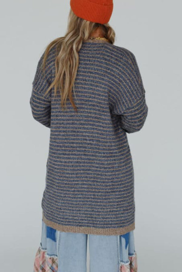 Contrast Striped Loose Long-sleeved Mid-length Knitted Cardigan