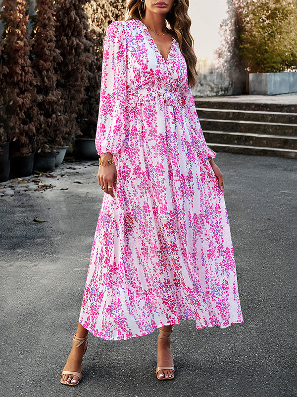 A-line High Waisted Flower Print Ruffled Split-joint Deep V-neck Maxi Dresses