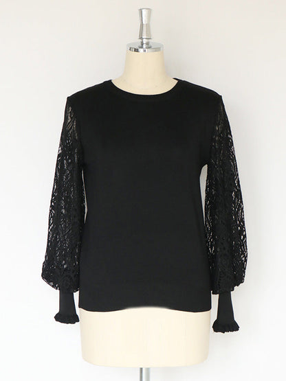 Tempermant Black Round-neck Patchwork Hollow Lace Long Puff Sleeves Sweater Qx011