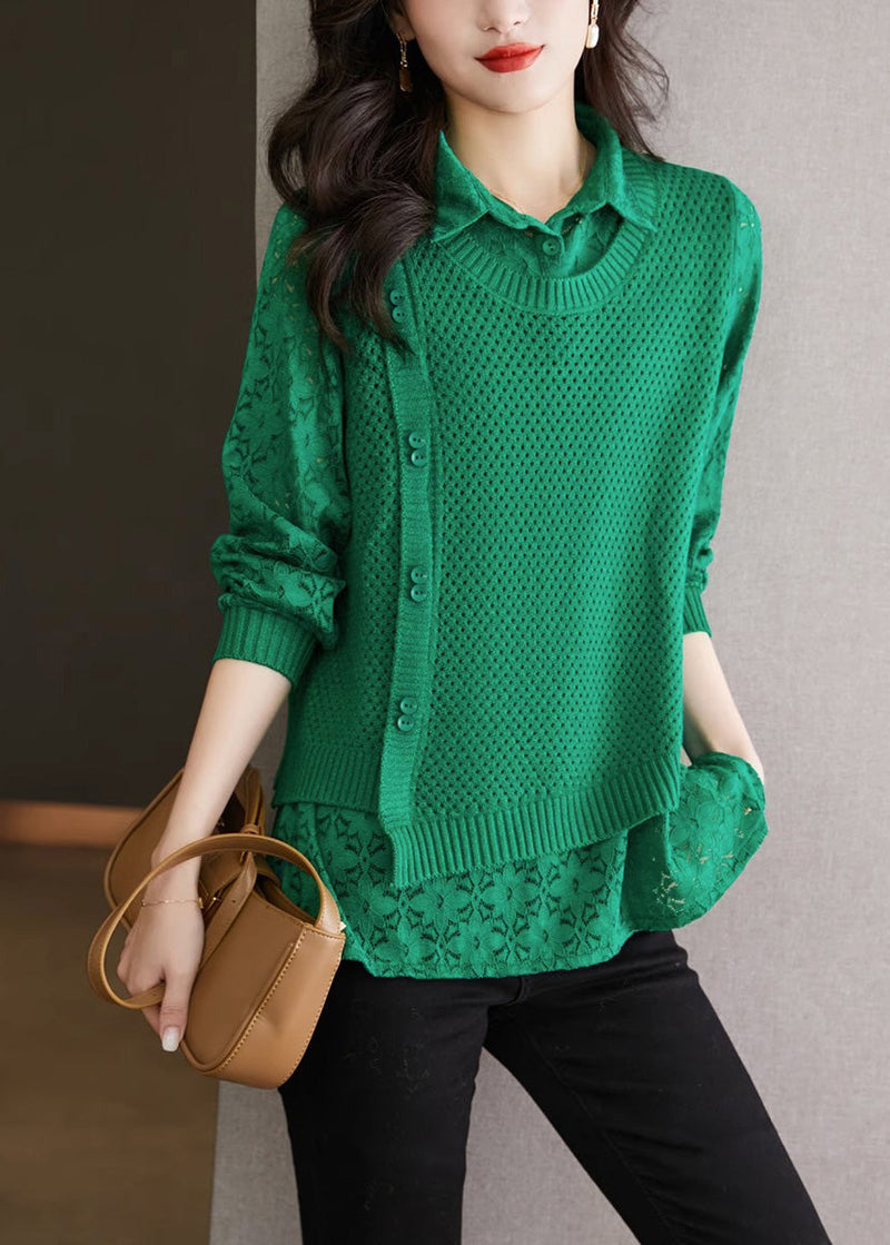 Style Green Peter Pan Collar Fake Two Pieces Lace Patchwork Knit Sweater Fall Wd026