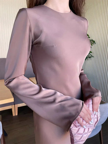 Satin Slim Maxi Dress for Long Sleeve High Waist Party Dress Autumn Dress