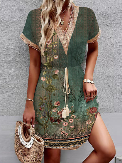 A-line Loose Elasticity Flower Print Hollow Split-joint Tasseled Tied Waist V-neck Mini Dresses