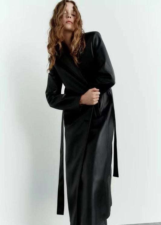Black Belted Long Leather Wind Coat for