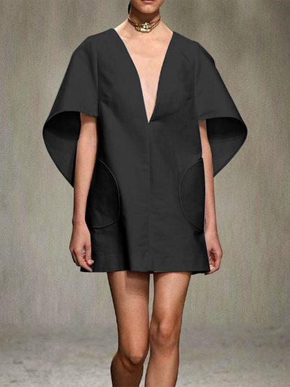 Half Sleeves Loose Color Deep V-neck Mini Dresses