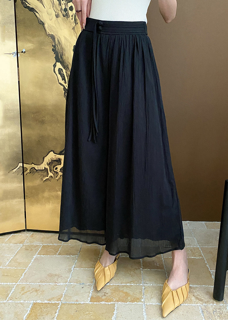 Black Zippered Pockets Cotton Summer Wide Leg Pants Af1096