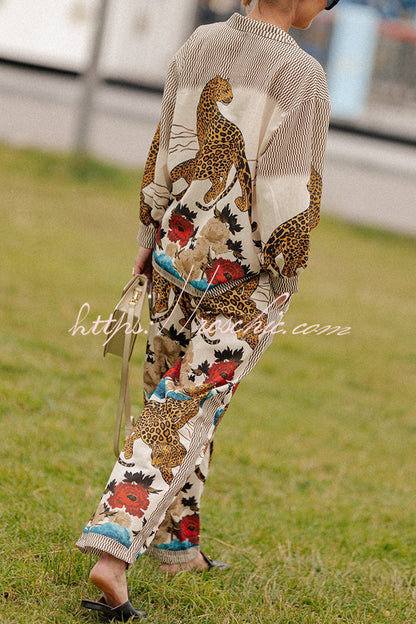 Exotic Leopard Flower Patchwork Print Button Down Oversized Blouse