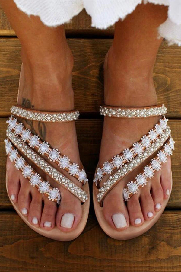 Beaded Lace Flat Slippers With Round Toe