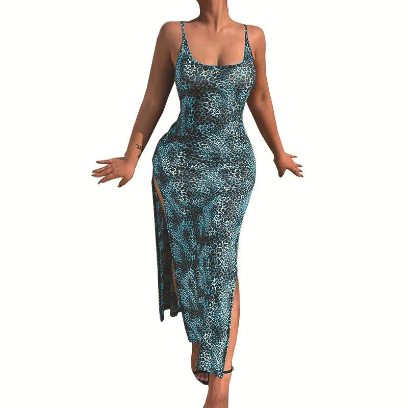 Leopard Print Slim Long Dresses Low Cut Backless Package Hip Bodycon Slit Dress Female Summer New
