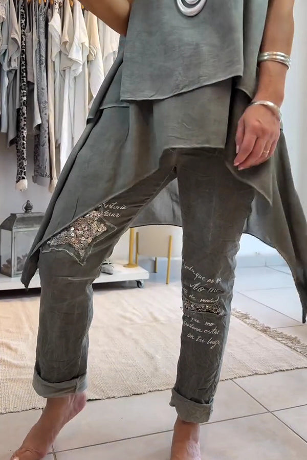 Letter Print Sequin Pocket Pants
