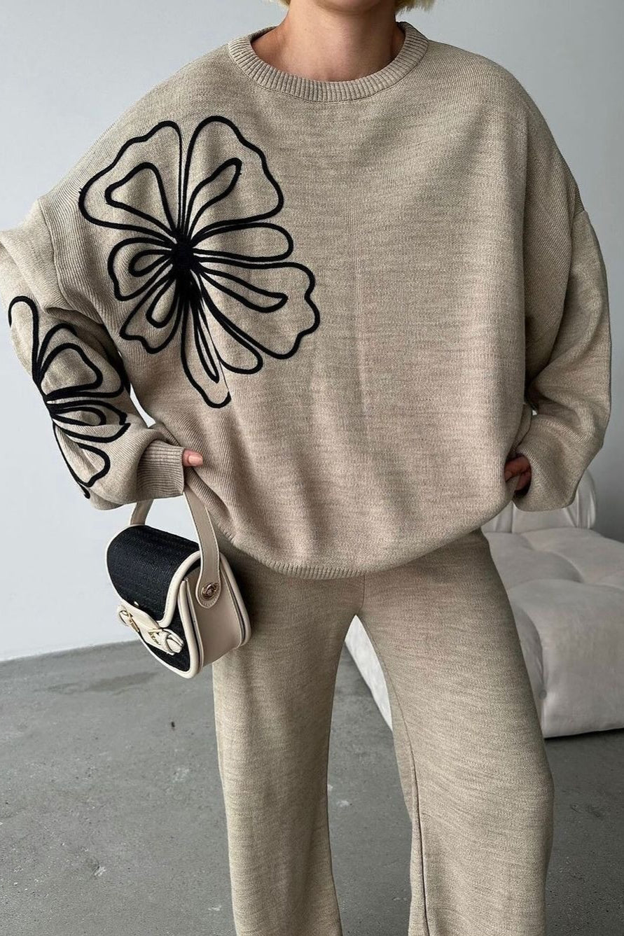 Round Neck Knit Sweater With Pants Two Piece Set