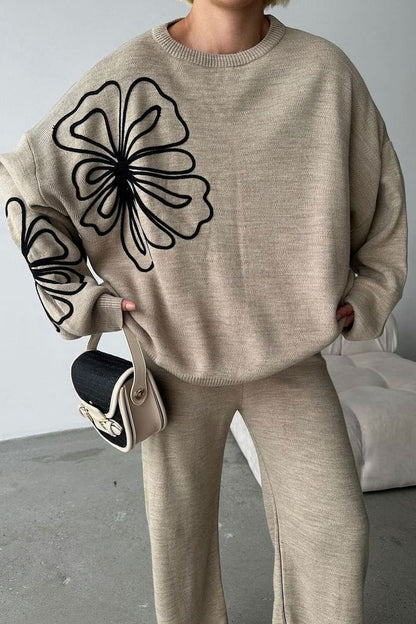 Round Neck Knit Sweater With Pants Two Piece Set
