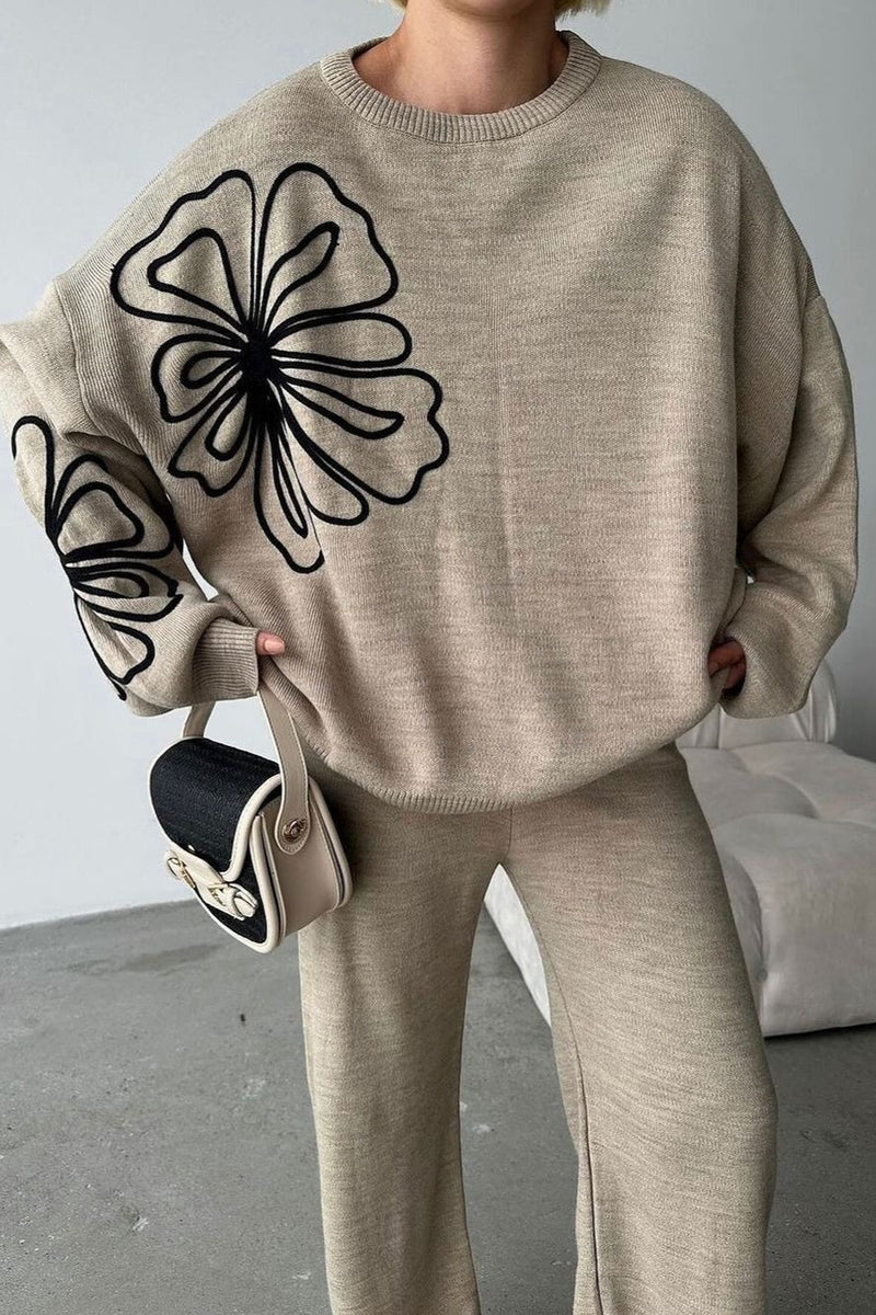 Round Neck Knit Sweater With Pants Two Piece Pants Set