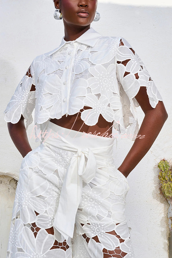 Redefining Elegance Lace Cropped Shirt and Belt Pocketed Wide Leg Pants Set