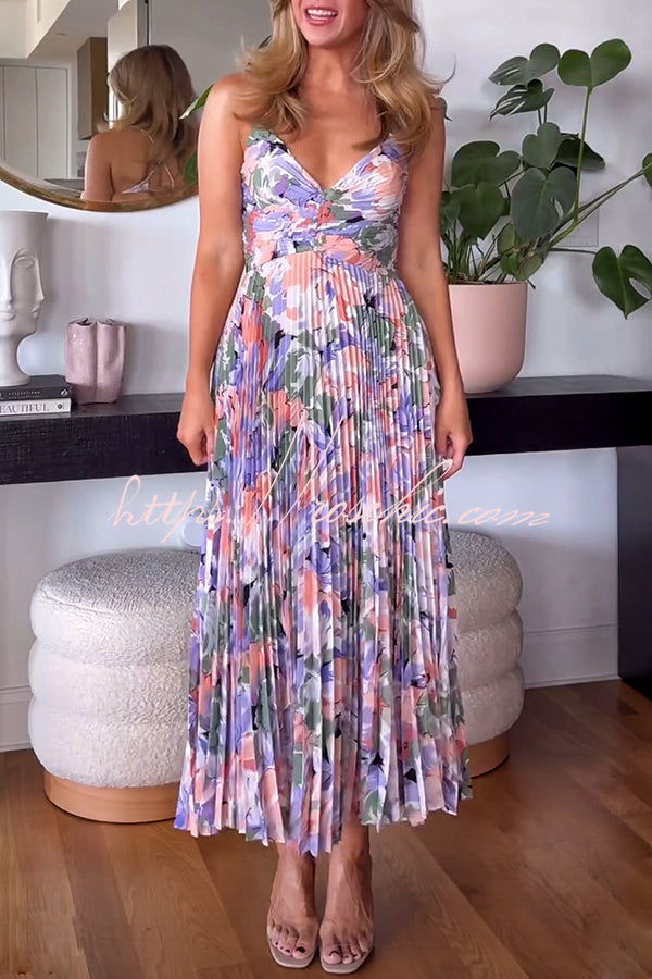 Wedding Party Season Print Pleated Back Tie-up Midi Dress