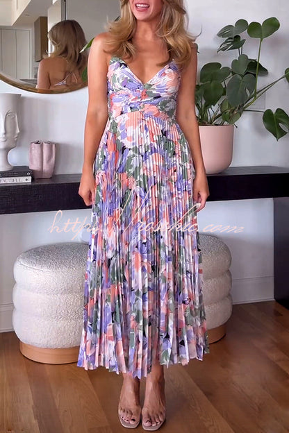 Wedding Party Season Print Pleated Back Tie-up Midi Dress