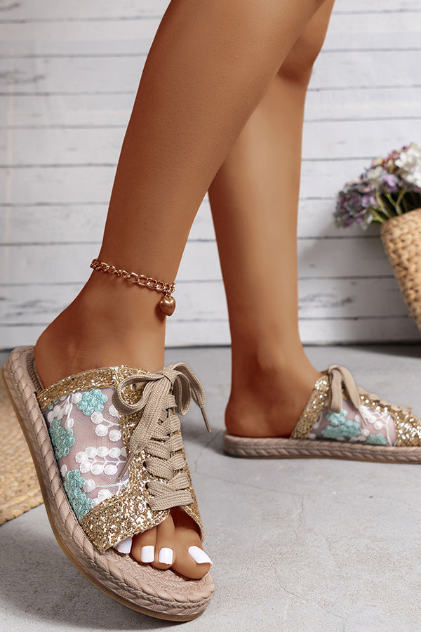 Sequined Mesh Embroidered Strappy Flat Slippers