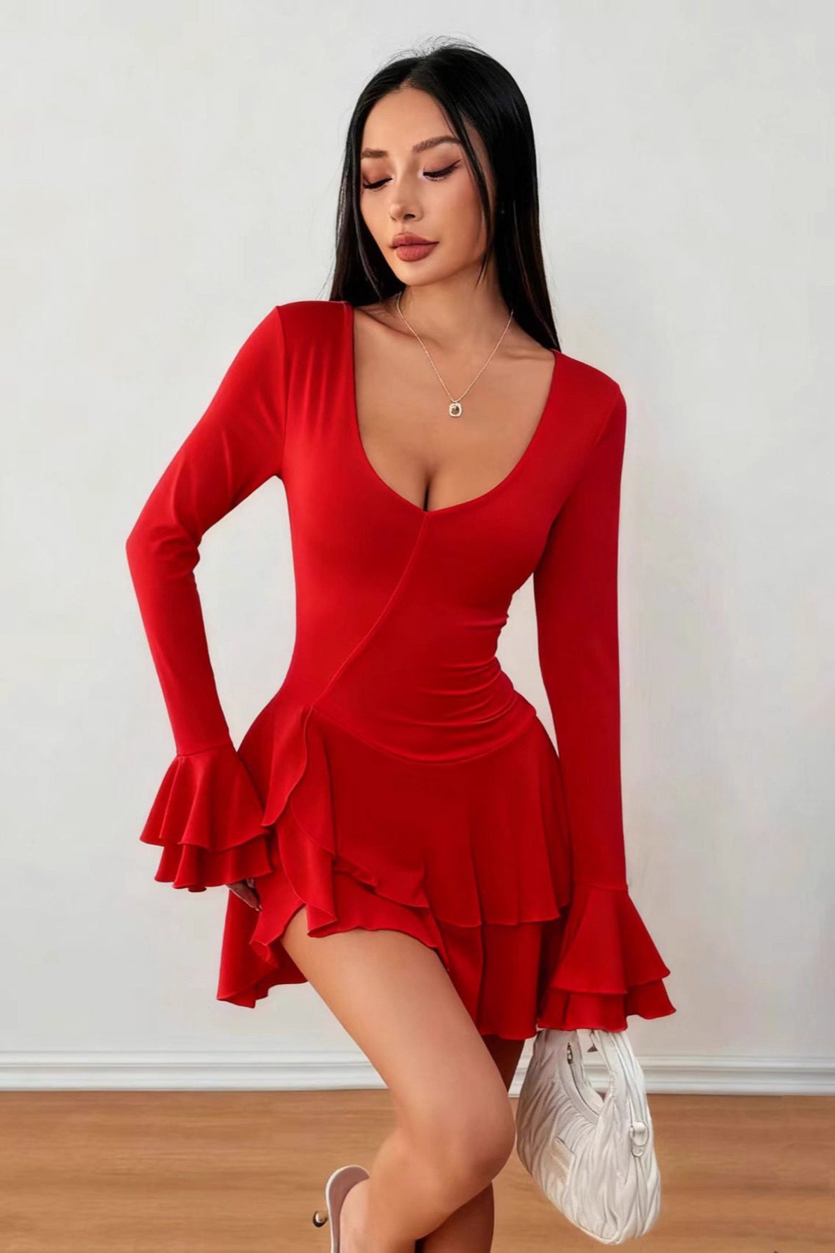 High Waist Slim Fit Color Long Sleeve Mini Dress