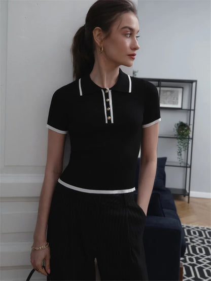 Knit Sweater Pullover Short Sleeve Patchwork Slim Lapel Contrast Knitwear Top Female Skinny Ribbed Pullover