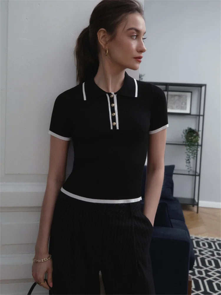 Knit Sweater Pullover Short Sleeve Patchwork Slim Lapel Contrast Knitwear Top Female Skinny Ribbed Pullover
