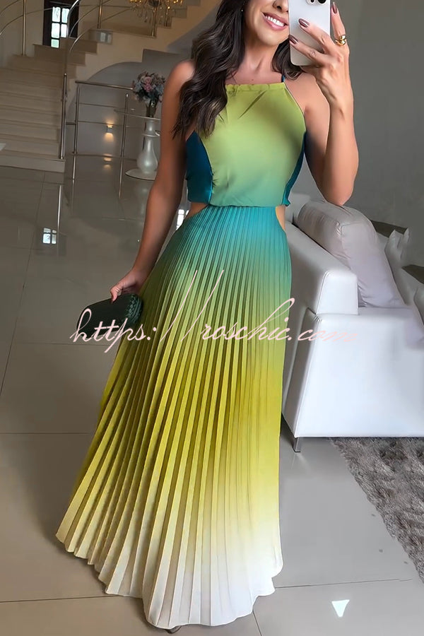 Fashionable Backless Tie Gradient Pleated Maxi Dress