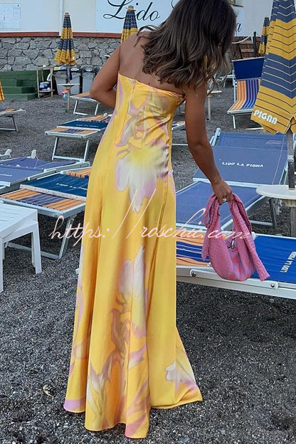 Catalina Island Satin Print Twist Bust Halter Maxi Dress