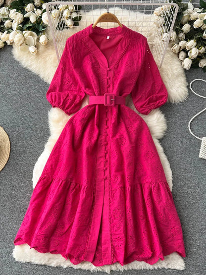 Summer V-neck Hollow Out Dress Bubble Sleeves Loose Embroidered Ruffle Edge Long Dresses Long Robe