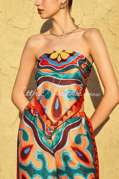 Style Unique Print Tube Top and Elastic Waist Pocket Wide Leg Pants Set