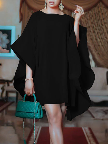 Batwing Sleeves Loose Color Round-neck Mini Dresses