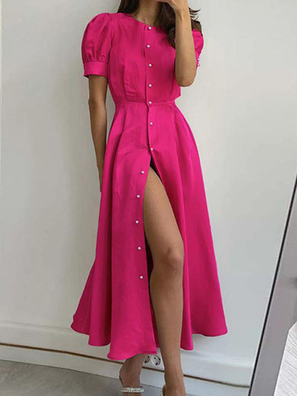 High Waisted Loose Buttoned Round-neck Midi Dresses