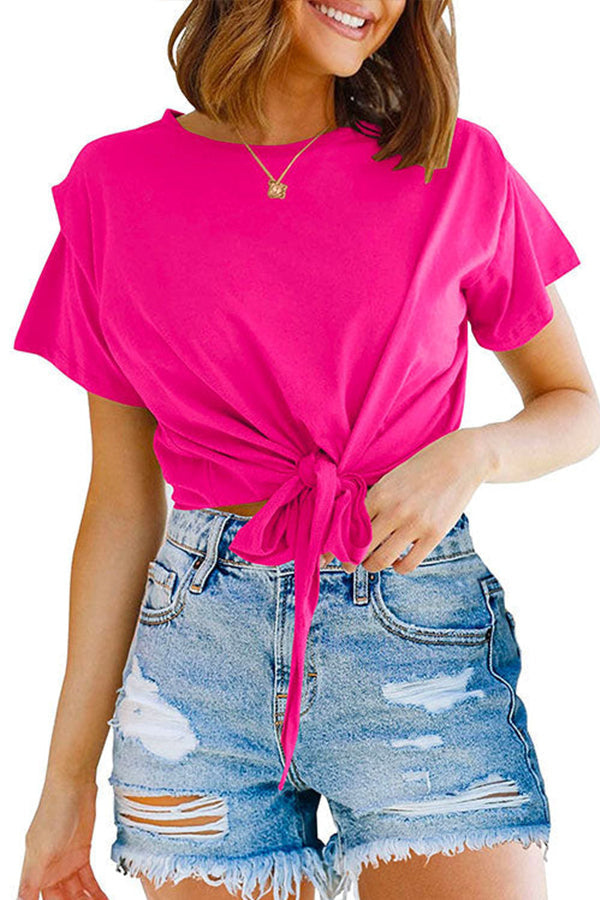 Short Sleeve Knot Front Cropped T-shirt