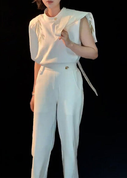 Chinese Style White O-neck Embroidered Top and Straight Pants Two Piece Set Summer Tt1014